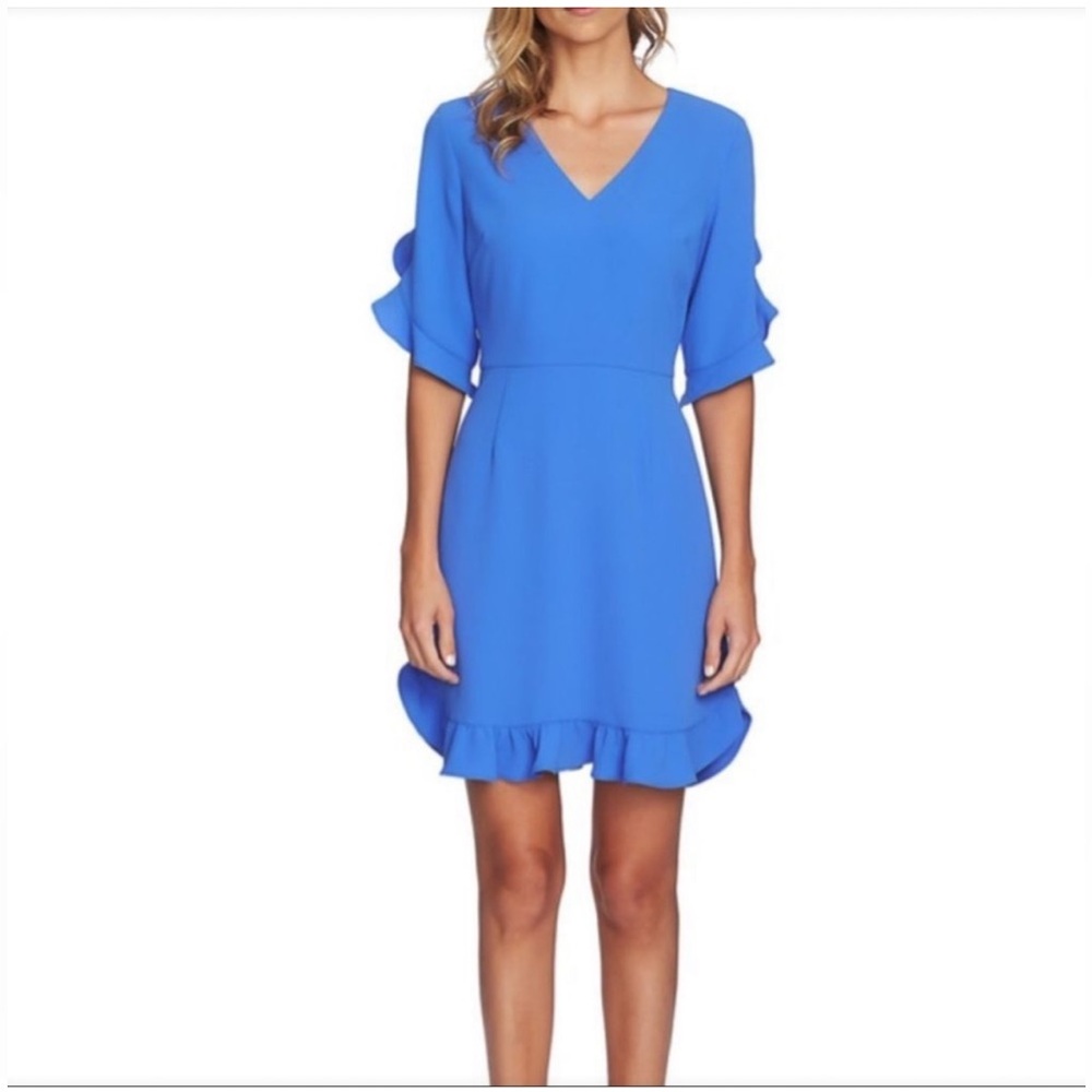 CeCe Dress Woman’s 12 Ruffle Sleeve Blue Lined V Neck Lined